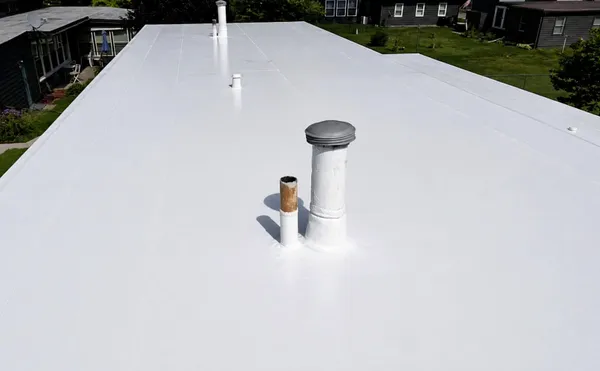 Rooftop view of completed residential membrane roof replacement in South Bend