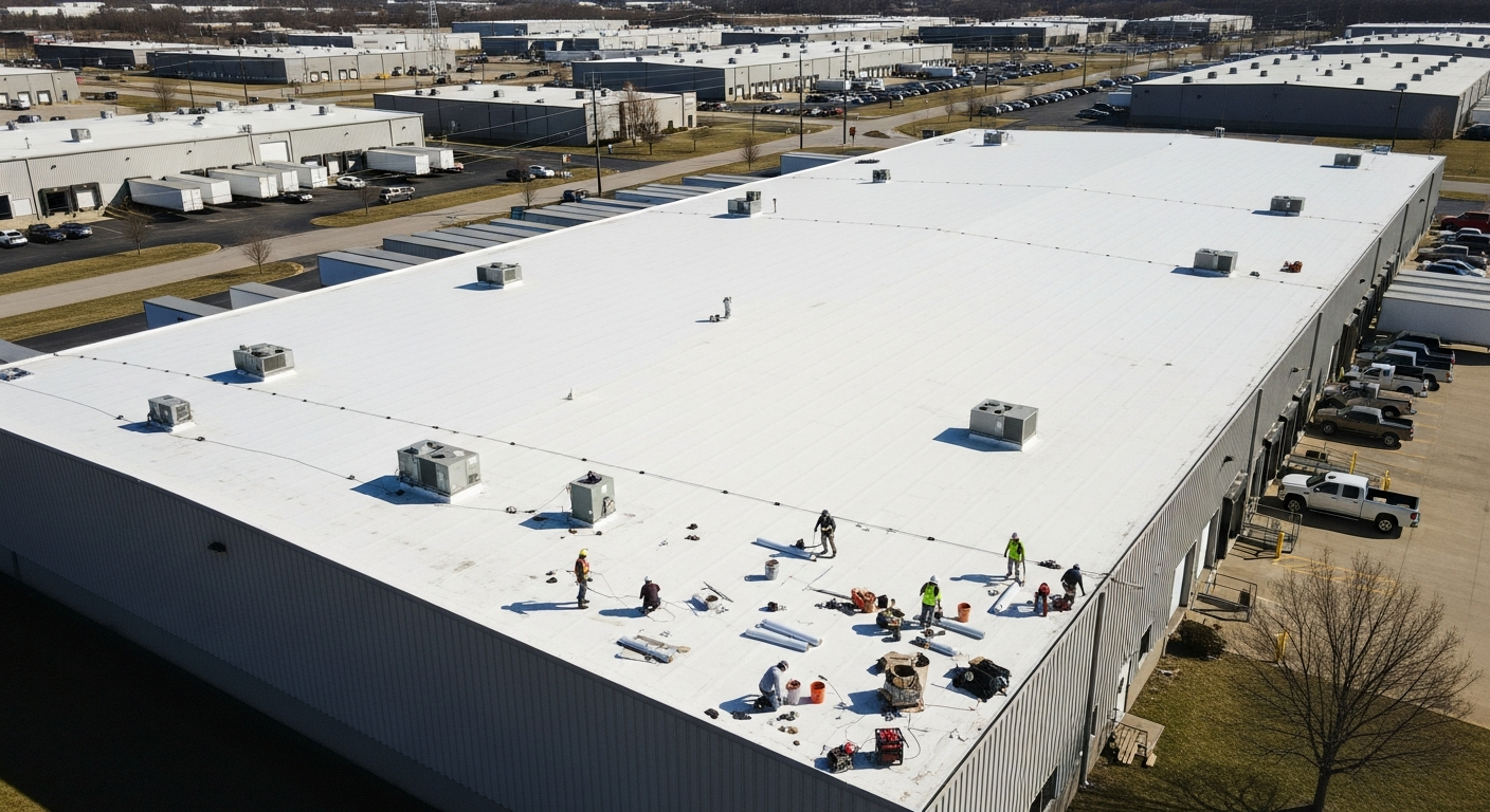 Aerial view of professional crew repairing a commercial flat roof in Elkhart, Indiana