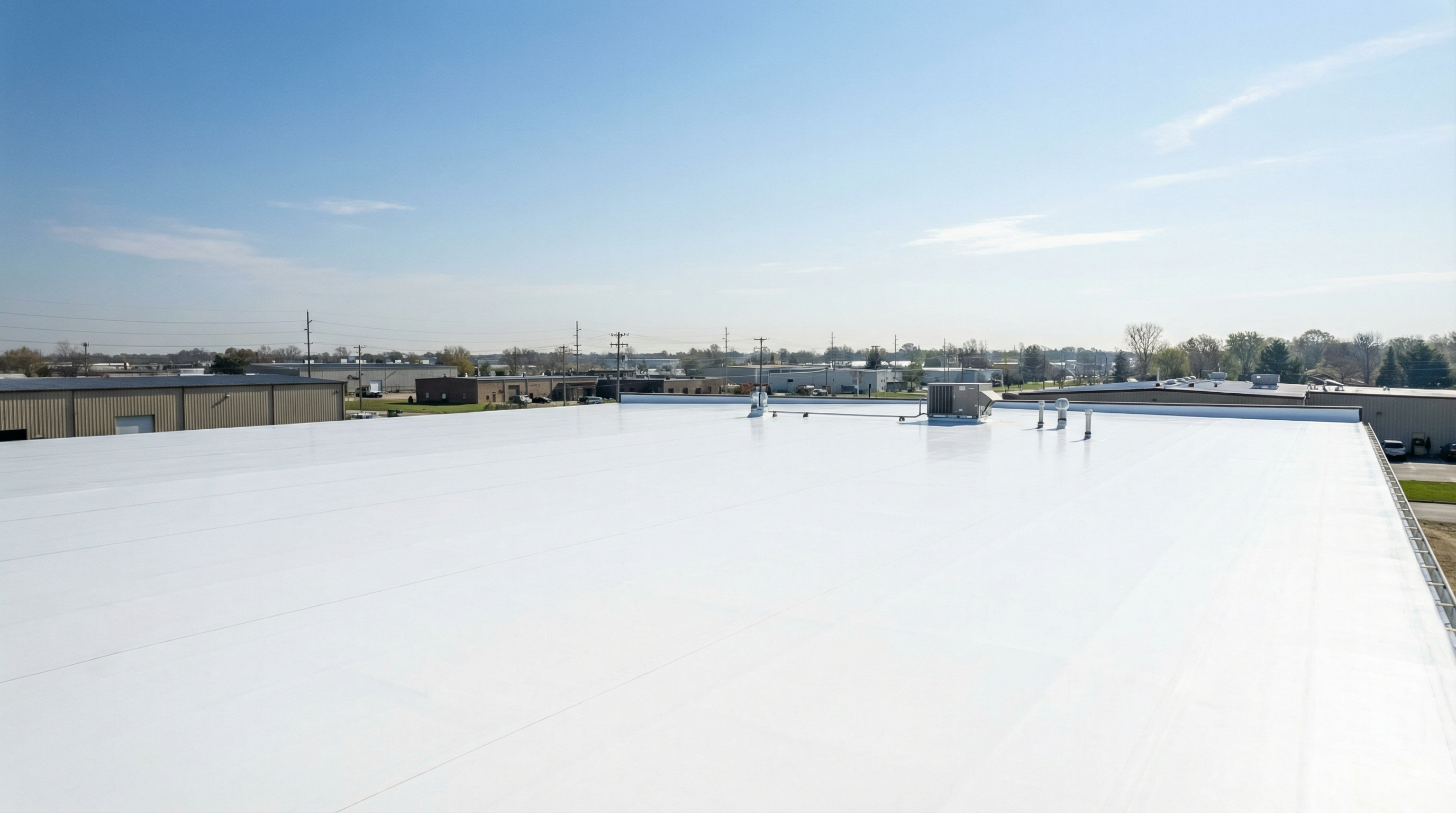 Wide view of a bright white coated commercial roof on a warehouse building in Elkhart, Indiana under a clear sky