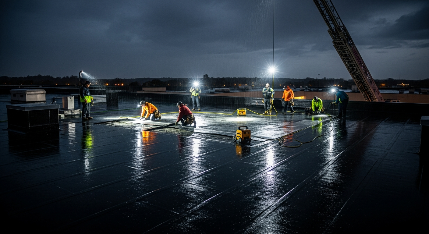 Emergency flat roof repair crew working at night on a commercial building in Elkhart, Indiana