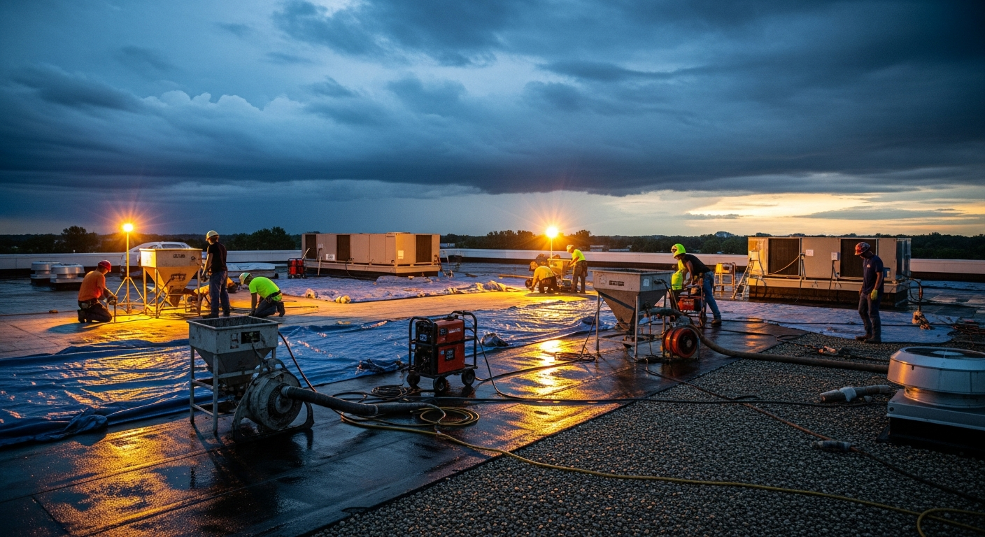 Emergency roof repair crew working on a commercial flat roof at dusk in Elkhart, Indiana