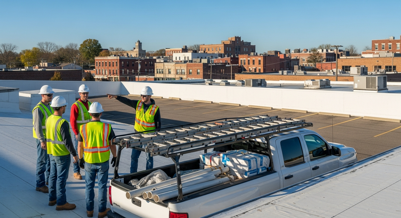 Team of professional roofing contractors on a commercial flat roof in Elkhart, Indiana