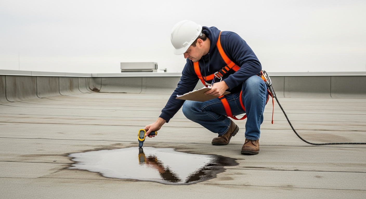 Roofing technician inspecting a flat roof membrane for leak sources on a commercial building