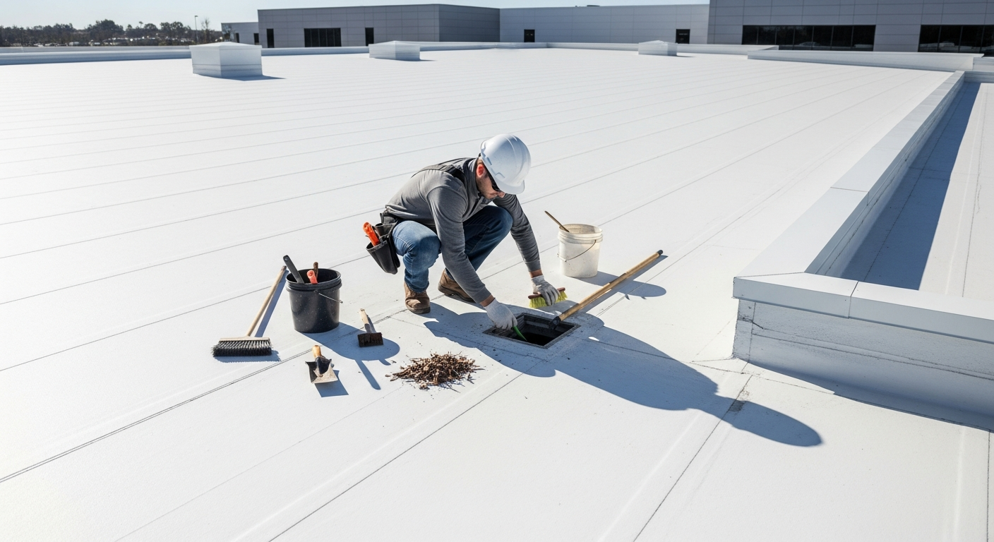 Professional roofer performing routine maintenance on a clean white flat roof membrane