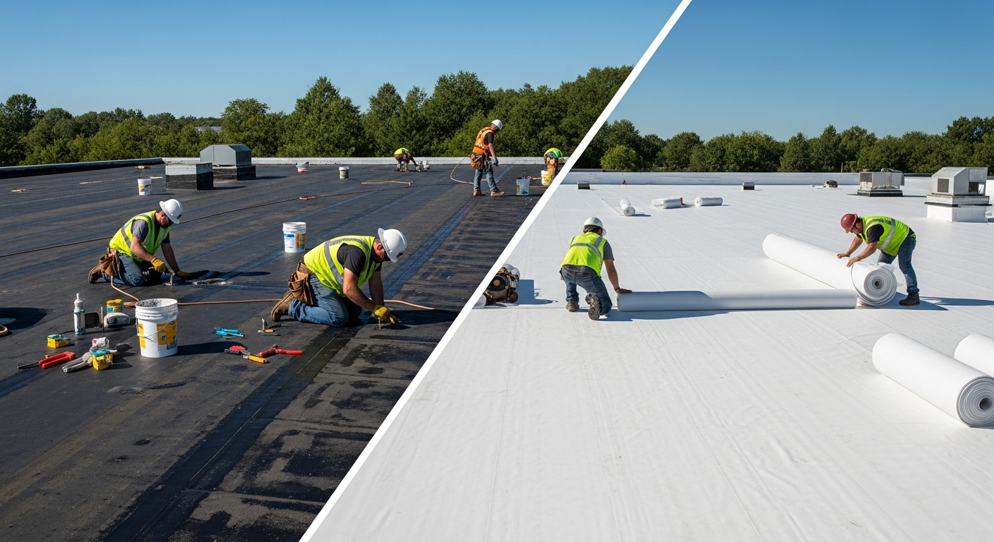 Side-by-side comparison of flat roof repair patch and full membrane replacement