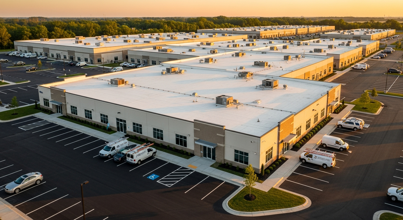 Modern commercial building complex with extensive flat roofing system in Northern Indiana