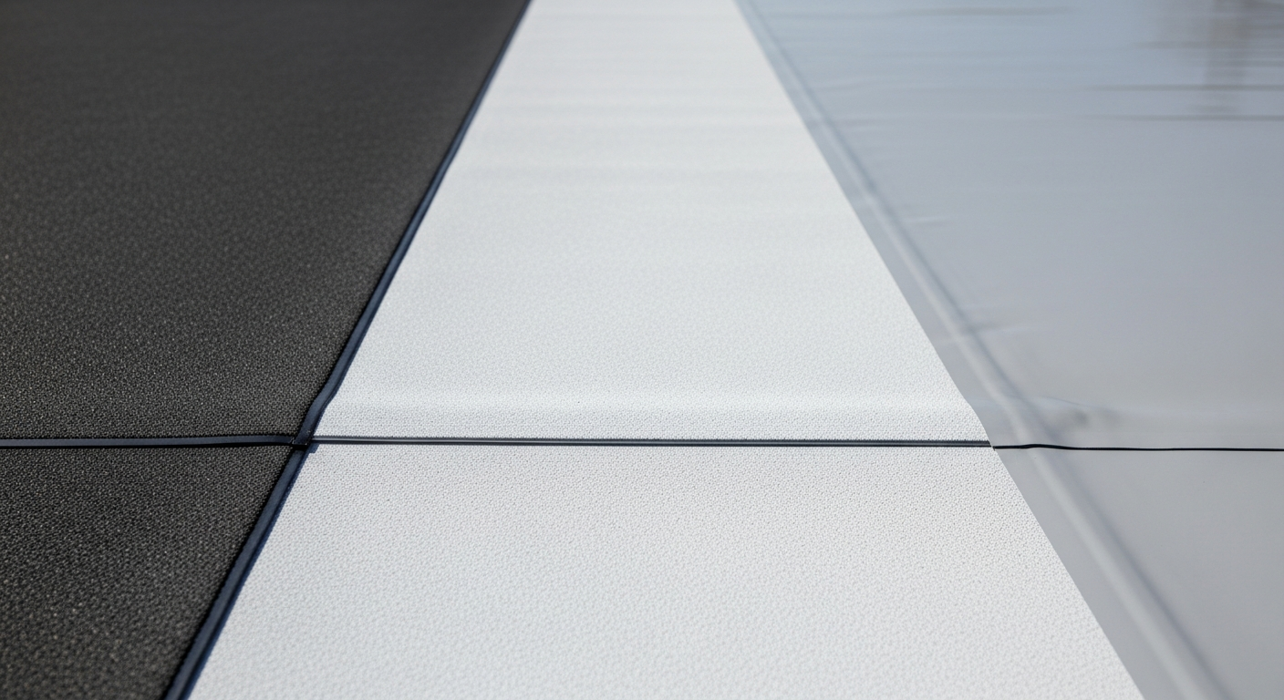 Detail of different flat roofing membrane types including EPDM, TPO, and PVC