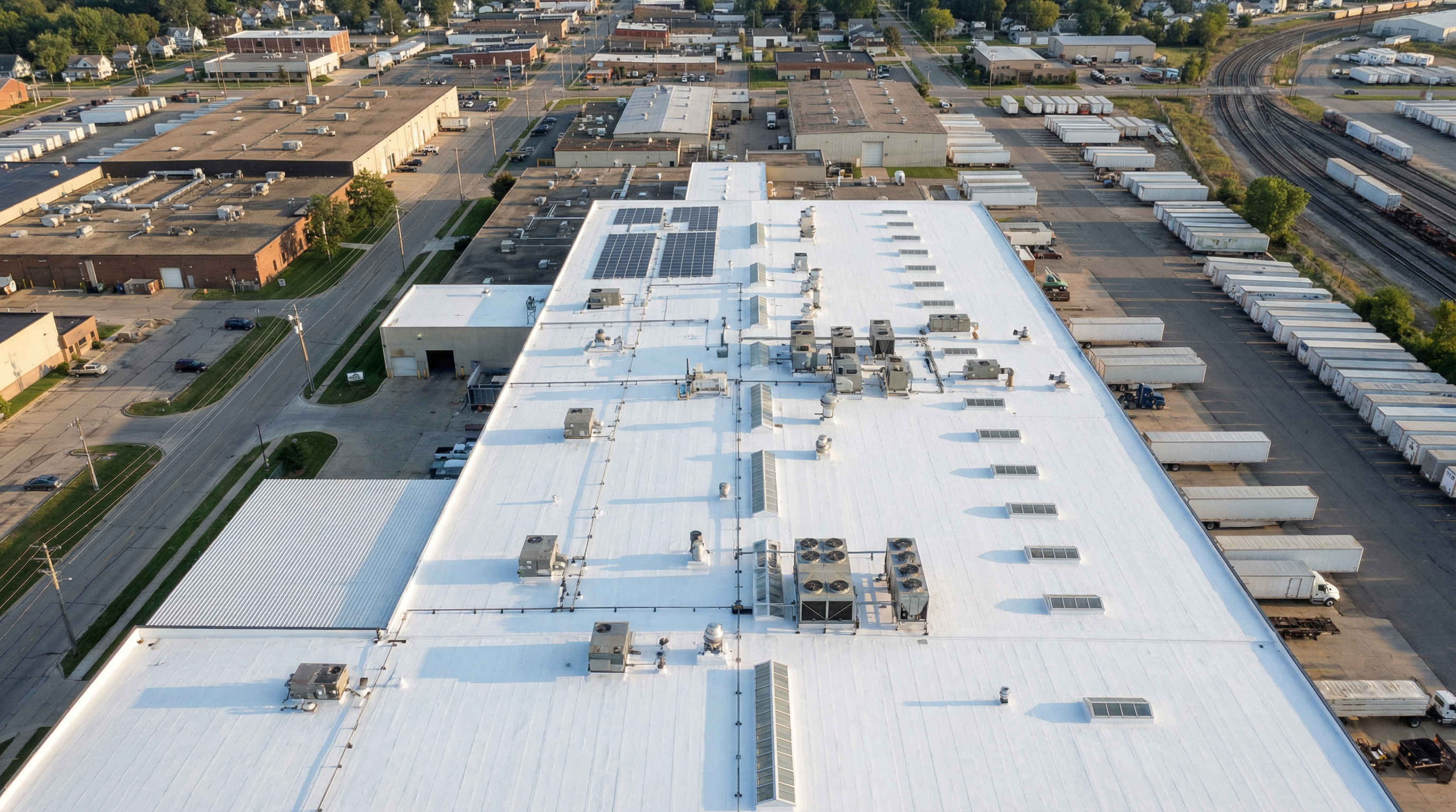 Large industrial manufacturing facility roof in Elkhart, Indiana with bright white coating and rooftop equipment