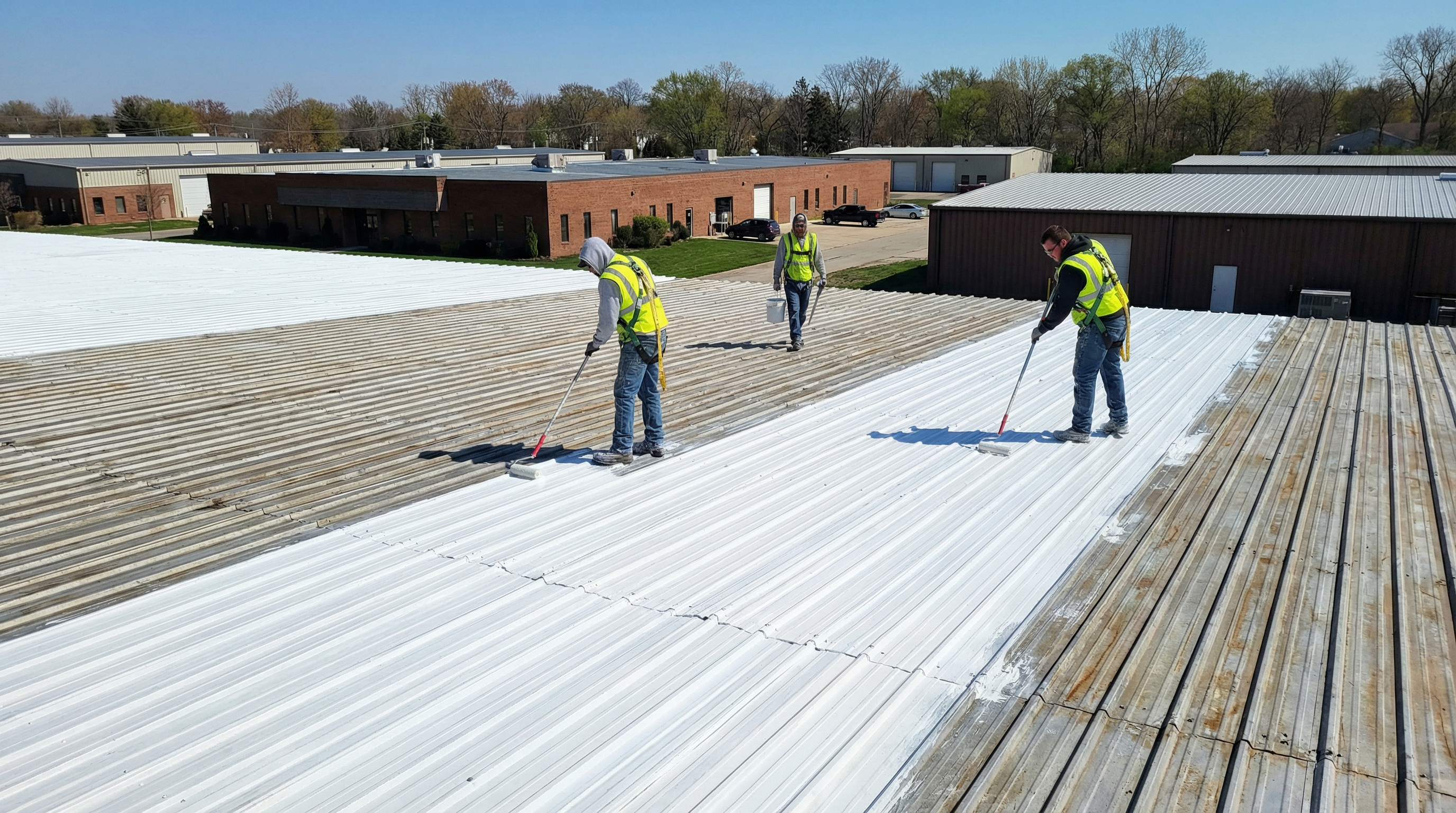 Large metal commercial roof in Elkhart, Indiana being restored with bright white coating and visible fasteners