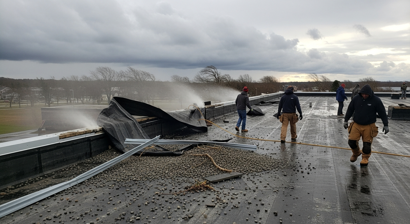Storm damage aftermath on a commercial flat roof with professional crew arriving to assess